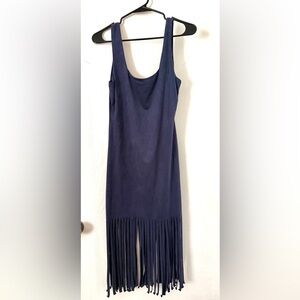 Navy Suede Fringe Hem Sleeveless Dress